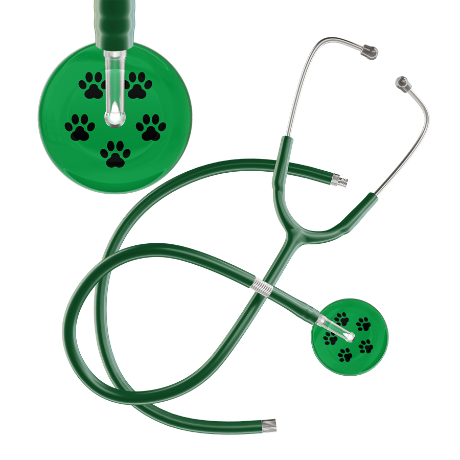 Ultrascope Single Stethoscope Black Paw Green Background / Adult / Dark Green Extended Tubing Black Paw Print Dark Background Stethoscope