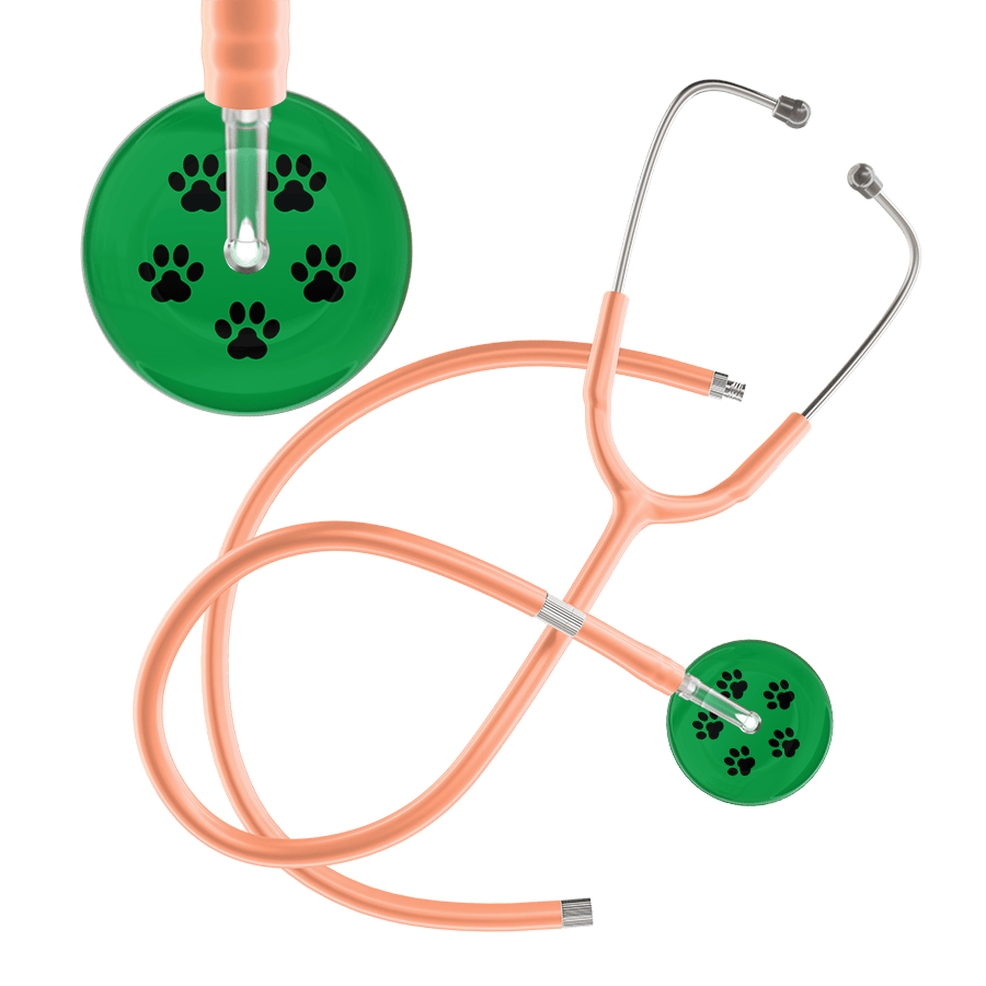 Ultrascope Single Stethoscope Black Paw Green Background / Adult / Peach Extended Tubing Black Paw Print Dark Background Stethoscope