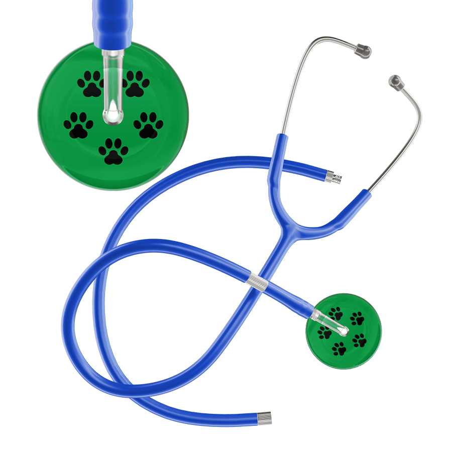Ultrascope Single Stethoscope Black Paw Green Background / Adult / Royal Blue Extended Tubing Black Paw Print Dark Background Stethoscope