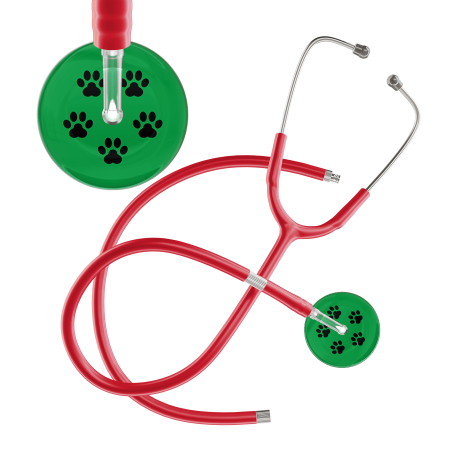 Ultrascope Single Stethoscope Black Paw Green Background / Adult / Red Extended Tubing Black Paw Print Dark Background Stethoscope