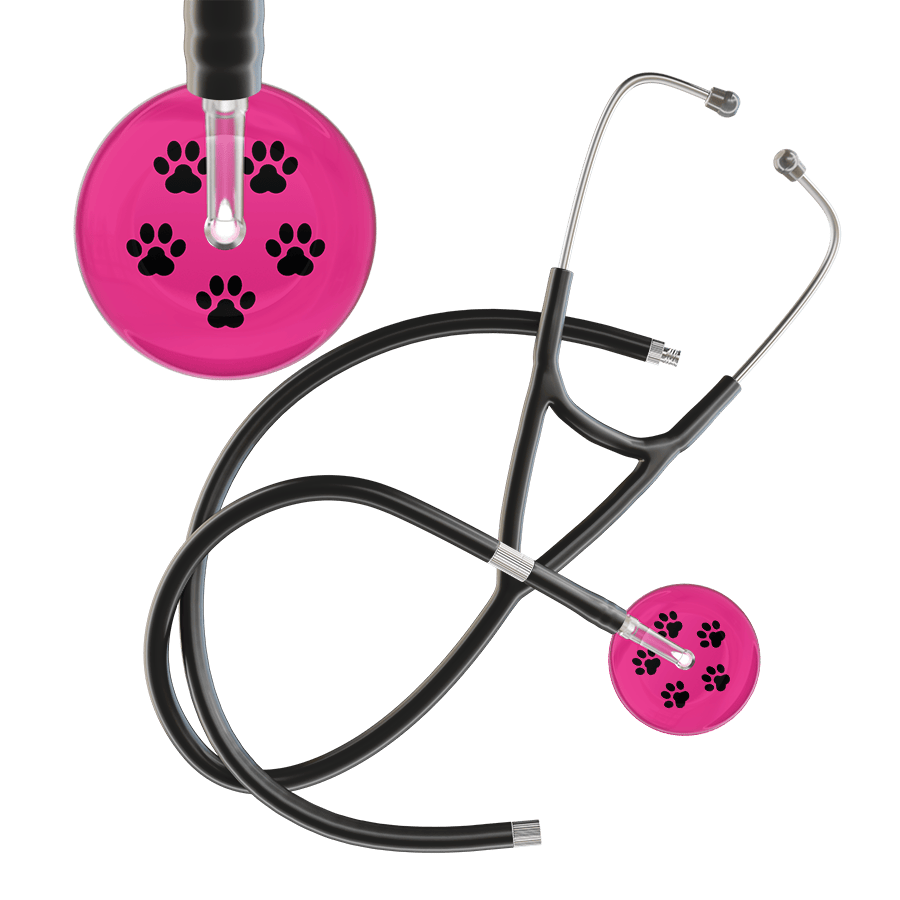Ultrascope Single Stethoscope Black Paw Hot Pink Background / Adult / Black Extended Tubing Black Paw Print Light Background Cardiology Stethoscope