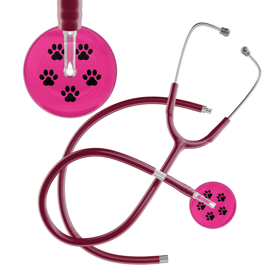 Ultrascope Single Stethoscope Black Paw Hot Pink Background / Adult / Burgundy Extended Tubing Black Paw Print Light Background Stethoscope