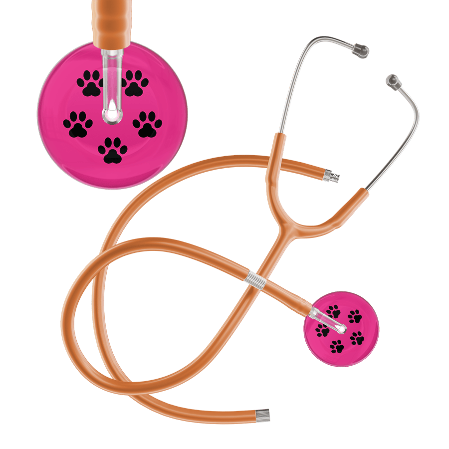 Ultrascope Single Stethoscope Black Paw Hot Pink Background / Adult / Caramel Extended Tubing Black Paw Print Light Background Stethoscope