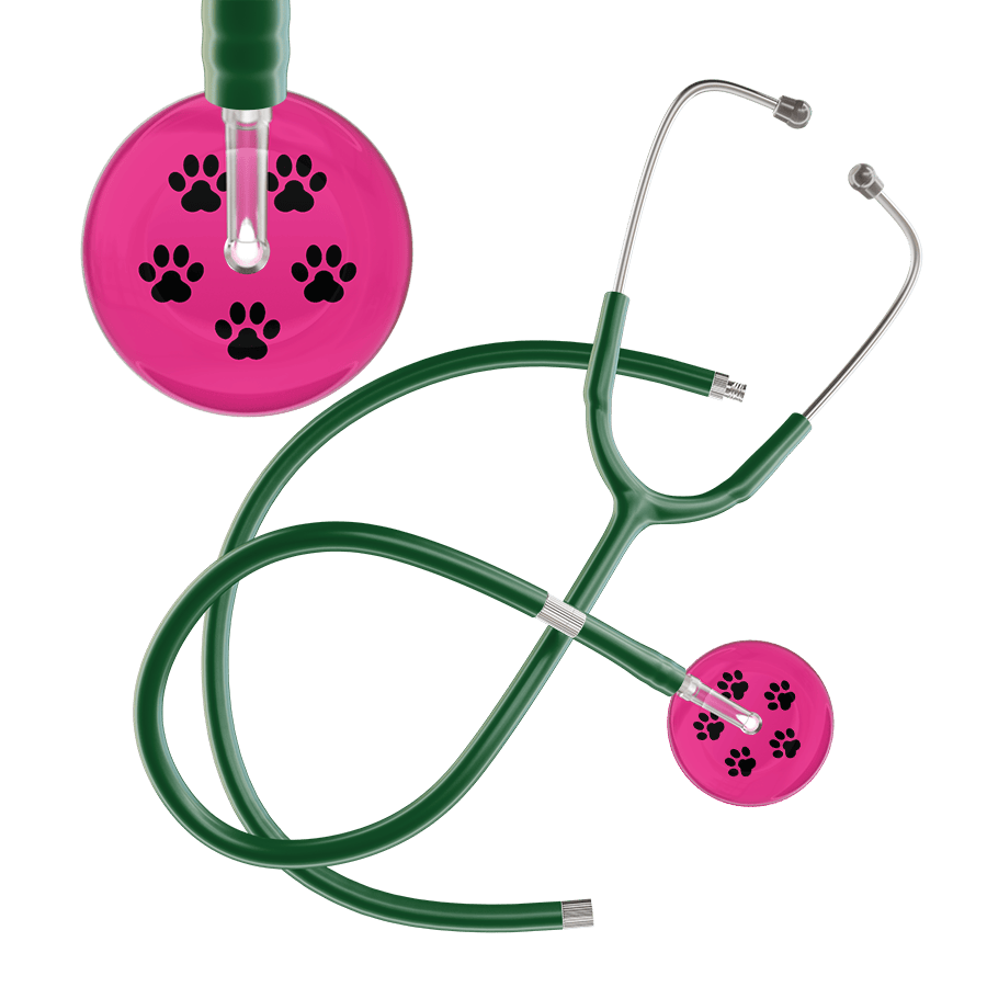 Ultrascope Single Stethoscope Black Paw Hot Pink Background / Adult / Dark Green Extended Tubing Black Paw Print Light Background Stethoscope
