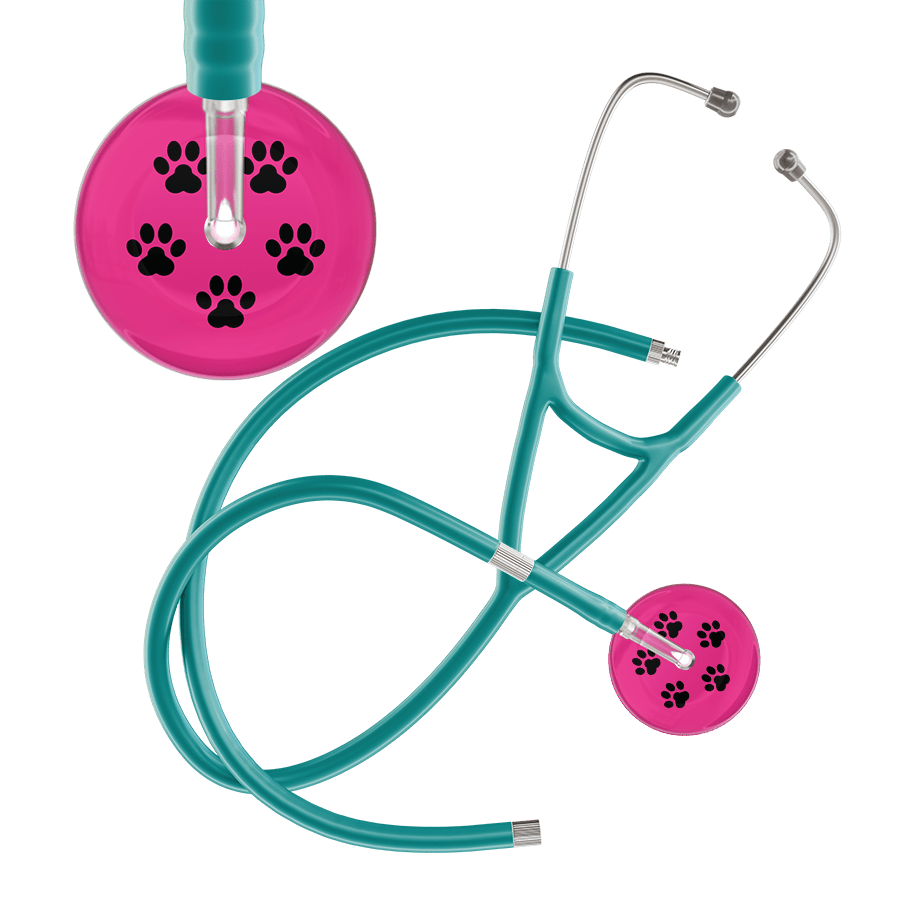 Ultrascope Single Stethoscope Black Paw Hot Pink Background / Adult / Jade Extended Tubing Black Paw Print Light Background Cardiology Stethoscope