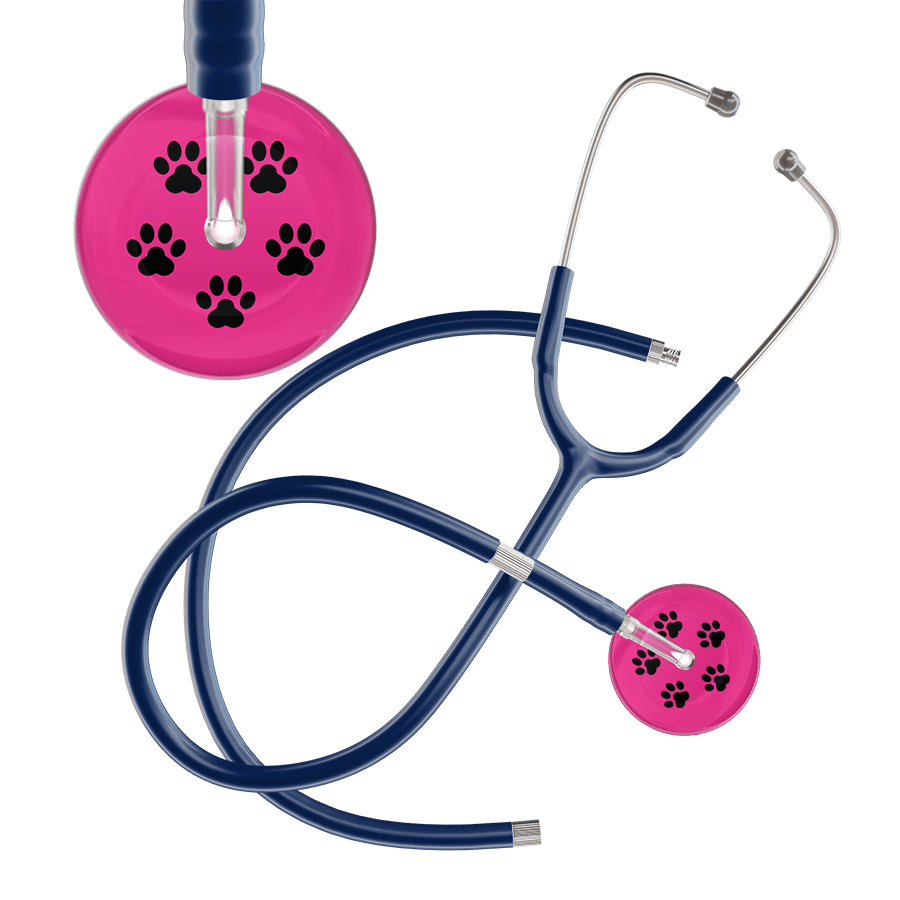 Ultrascope Single Stethoscope Black Paw Hot Pink Background / Pediatric / Navy Extended Tubing Black Paw Print Light Background Stethoscope
