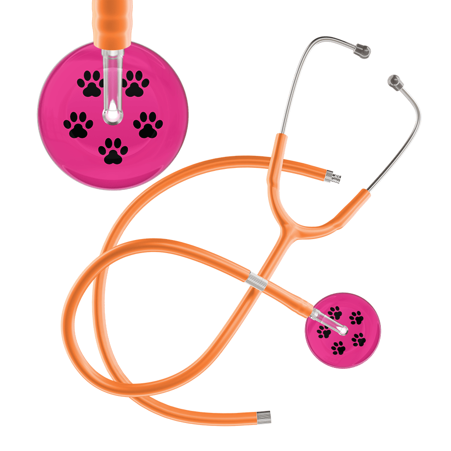 Ultrascope Single Stethoscope Black Paw Hot Pink Background / Pediatric / Orange Extended Tubing Black Paw Print Light Background Stethoscope