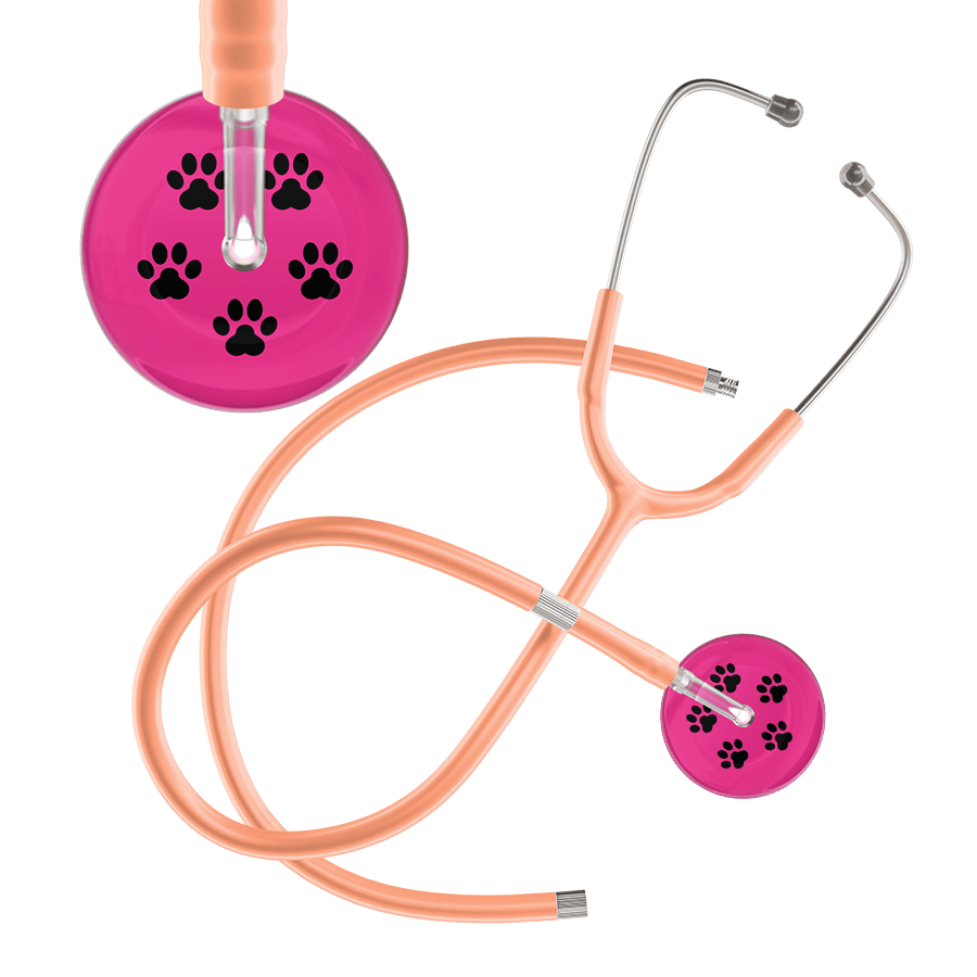 Ultrascope Single Stethoscope Black Paw Hot Pink Background / Adult / Peach Extended Tubing Black Paw Print Light Background Stethoscope