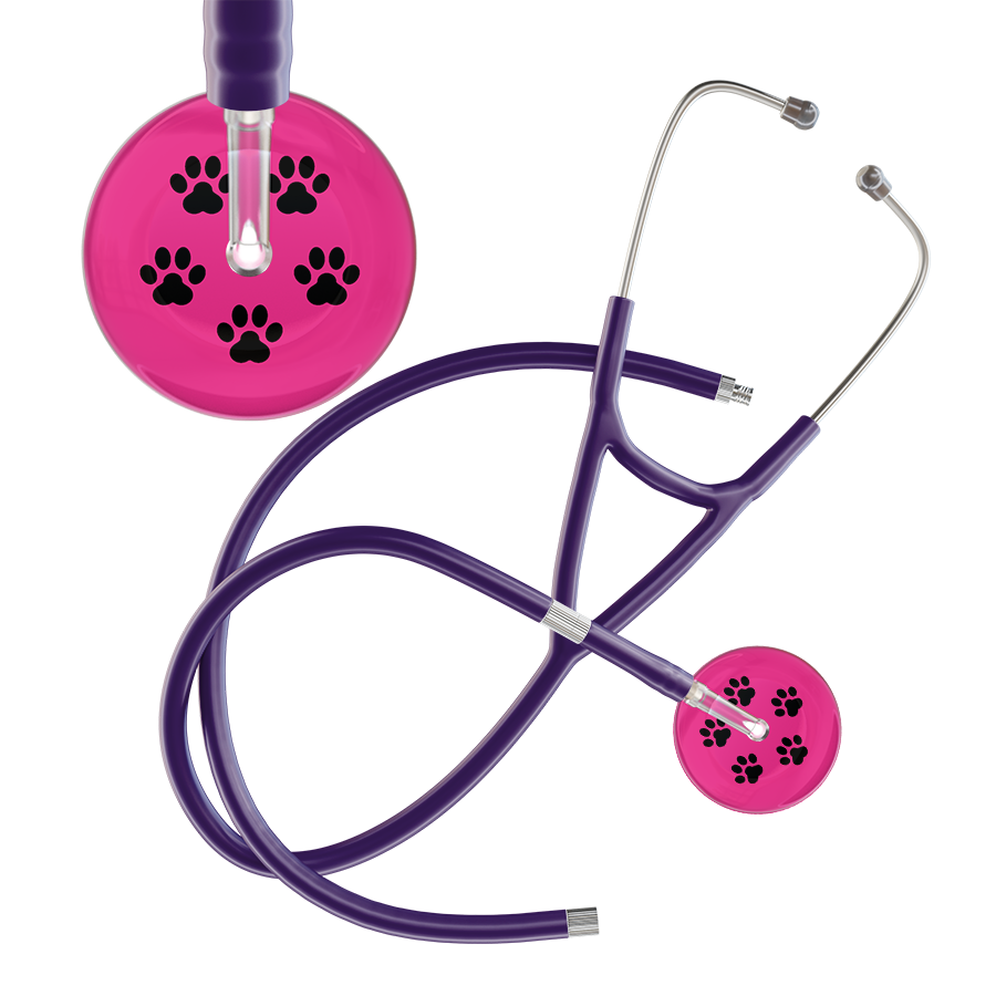 Ultrascope Single Stethoscope Black Paw Hot Pink Background / Pediatric / Purple Extended Tubing Black Paw Print Light Background Cardiology Stethoscope