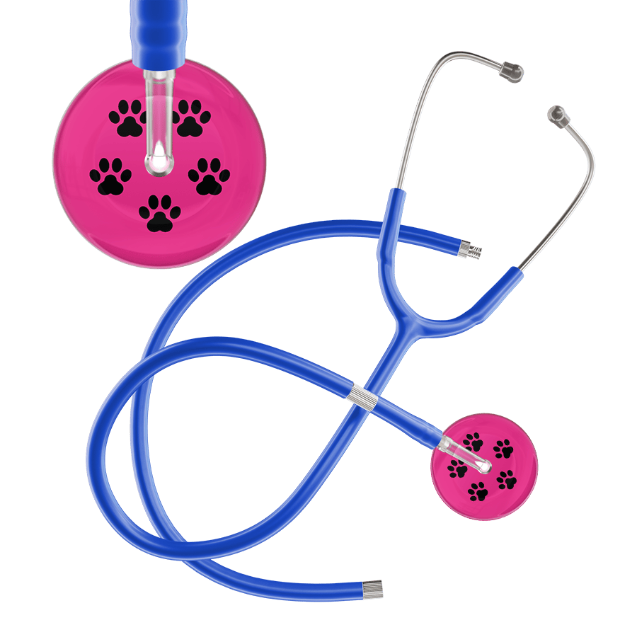 Ultrascope Single Stethoscope Black Paw Hot Pink Background / Pediatric / Royal Blue Extended Tubing Black Paw Print Light Background Stethoscope