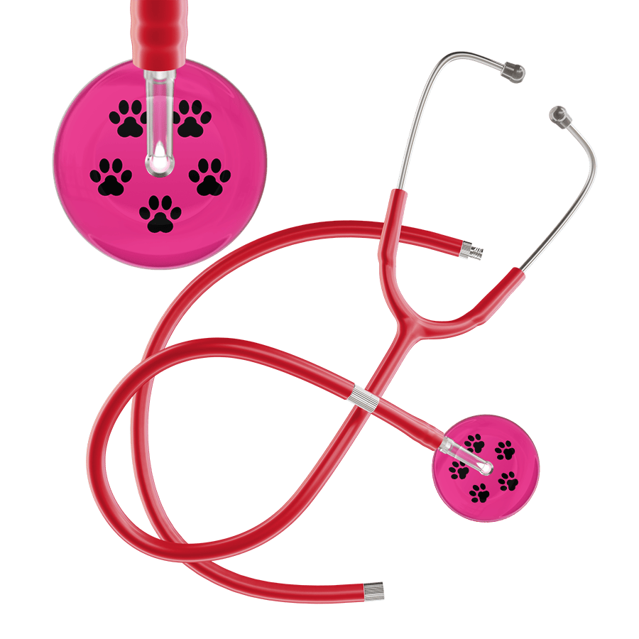 Ultrascope Single Stethoscope Black Paw Hot Pink Background / Adult / Red Extended Tubing Black Paw Print Light Background Stethoscope