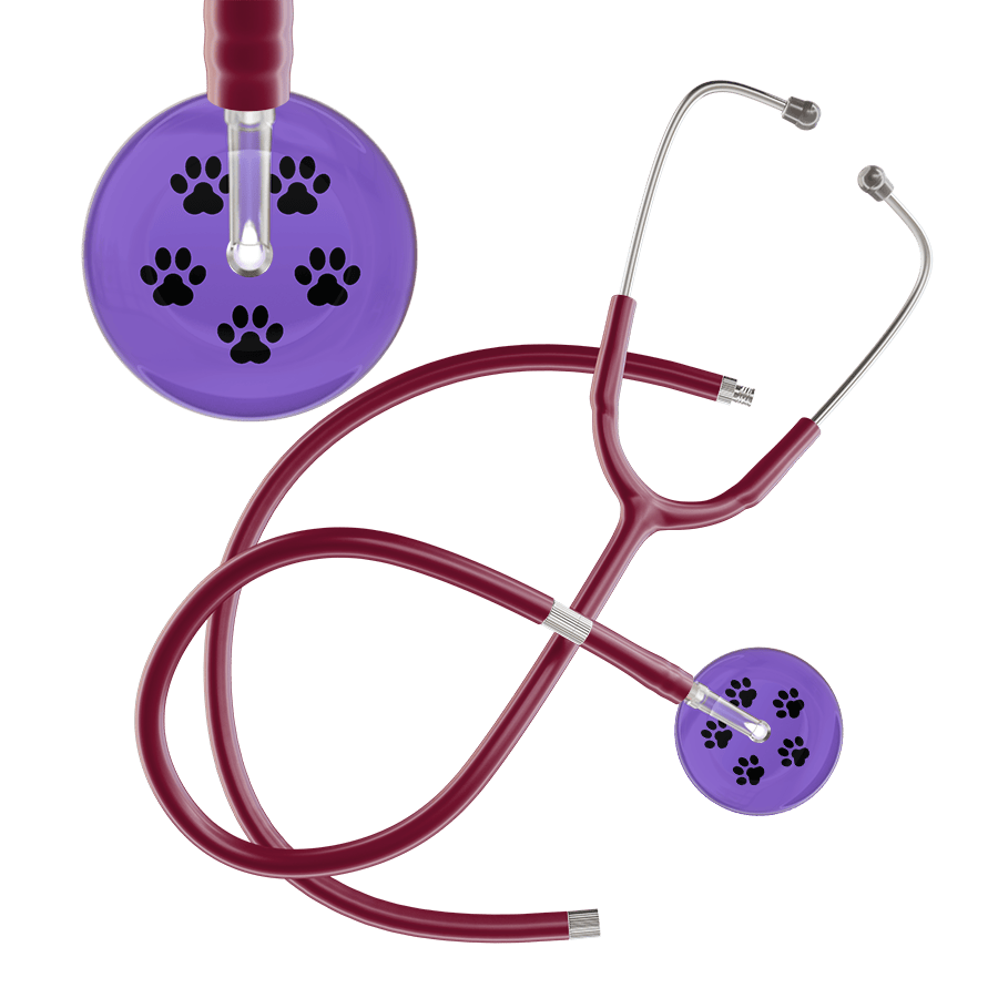 Ultrascope Single Stethoscope Black Paw Lavender Background / Adult / Burgundy Extended Tubing Black Paw Print Light Background Stethoscope