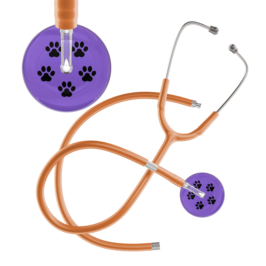Ultrascope Single Stethoscope Black Paw Lavender Background / Adult / Caramel Extended Tubing Black Paw Print Light Background Stethoscope