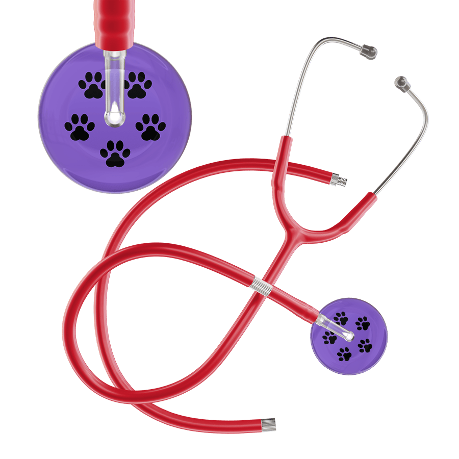 Ultrascope Single Stethoscope Black Paw Lavender Background / Adult / Red Extended Tubing Black Paw Print Light Background Stethoscope