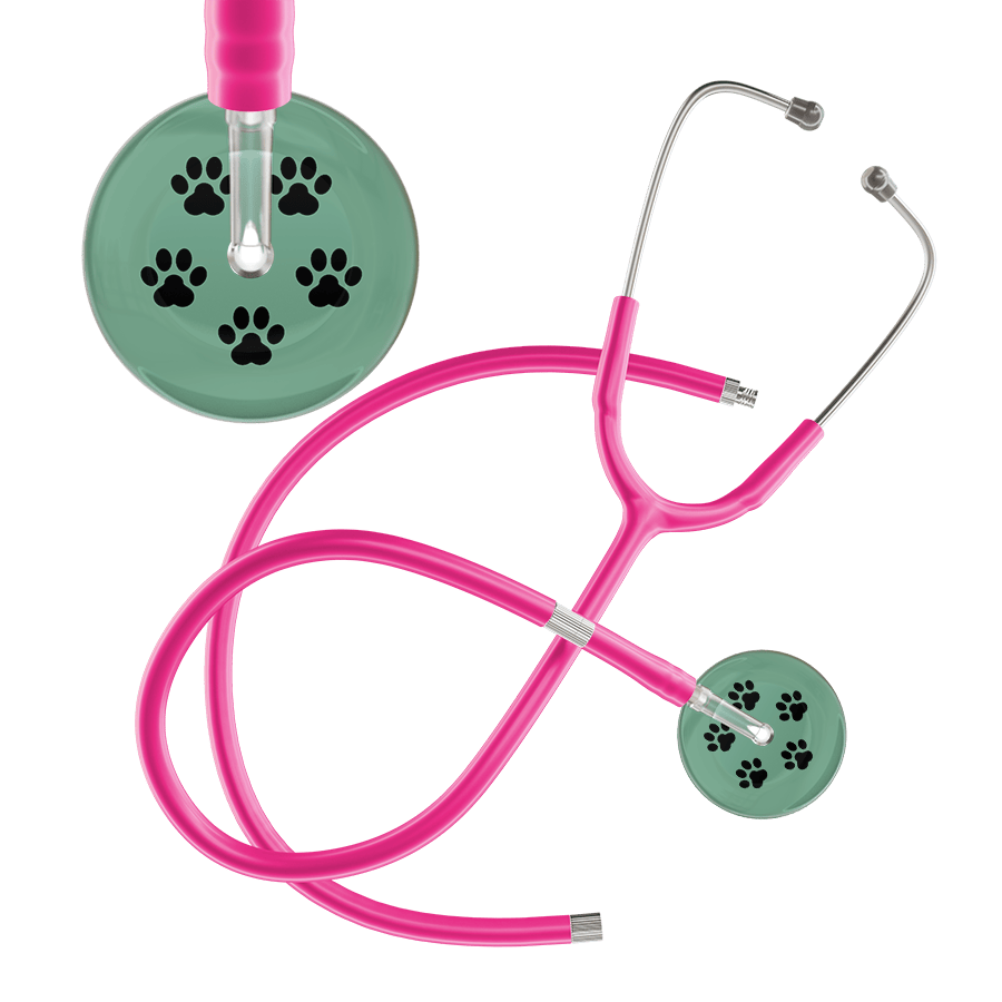 Ultrascope Single Stethoscope Black Paw Sage Background / Adult / Hot Pink Extended Tubing Black Paw Print Light Background Stethoscope