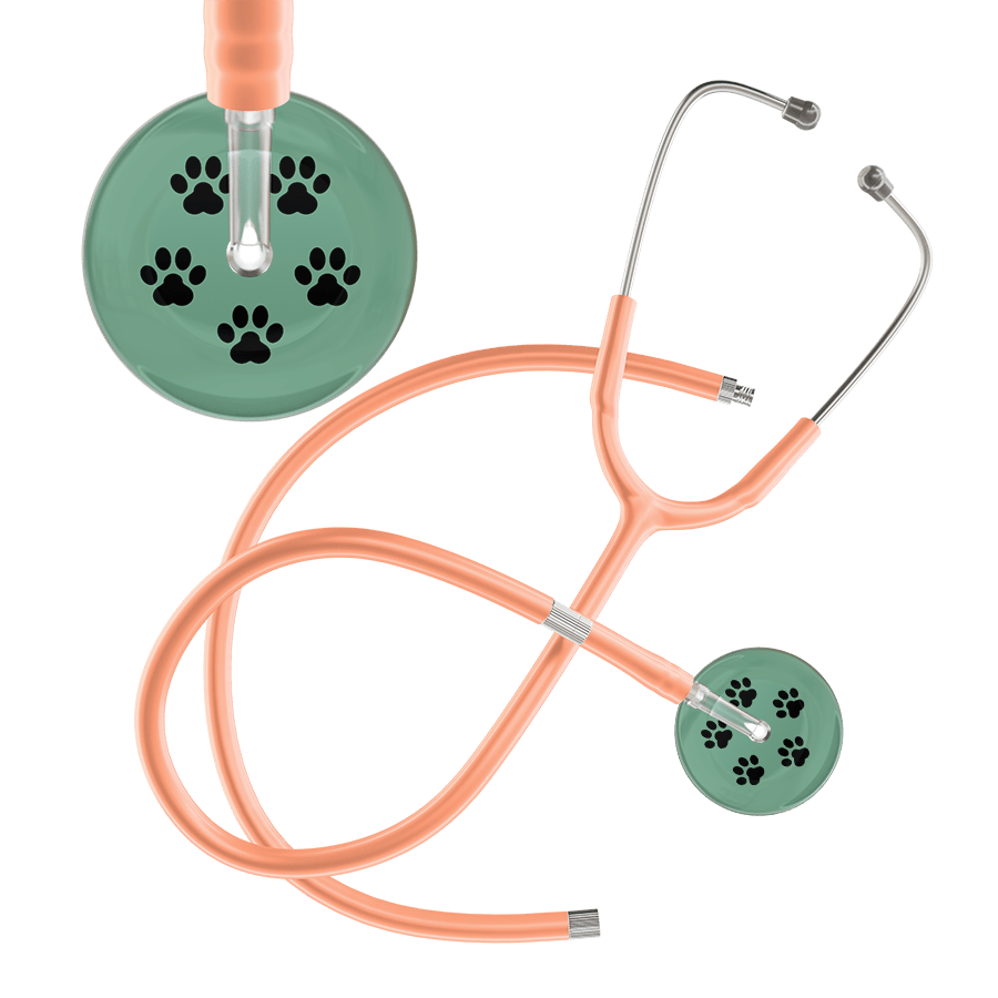 Ultrascope Single Stethoscope Black Paw Sage Background / Adult / Peach Extended Tubing Black Paw Print Light Background Stethoscope