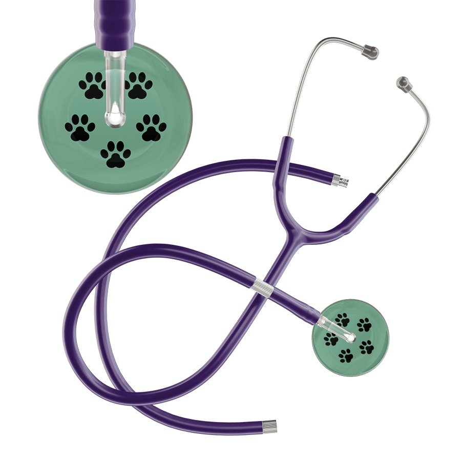 Ultrascope Single Stethoscope Black Paw Sage Background / Adult / Purple Extended Tubing Black Paw Print Light Background Stethoscope