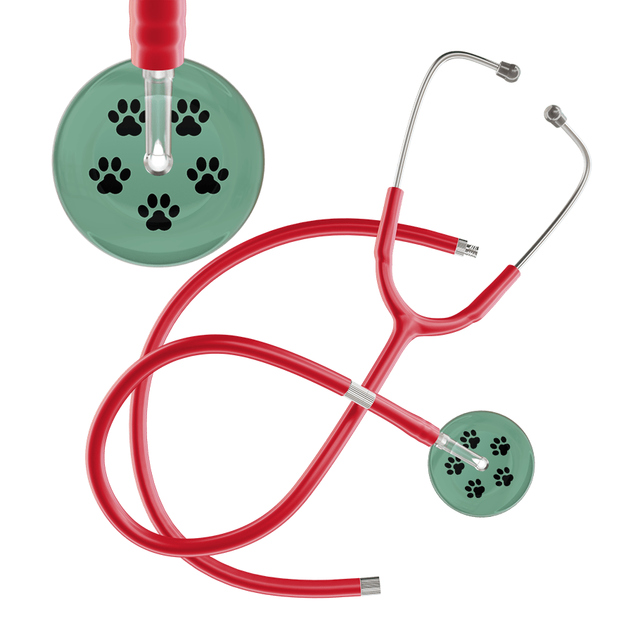 Ultrascope Single Stethoscope Black Paw Sage Background / Adult / Red Extended Tubing Black Paw Print Light Background Stethoscope