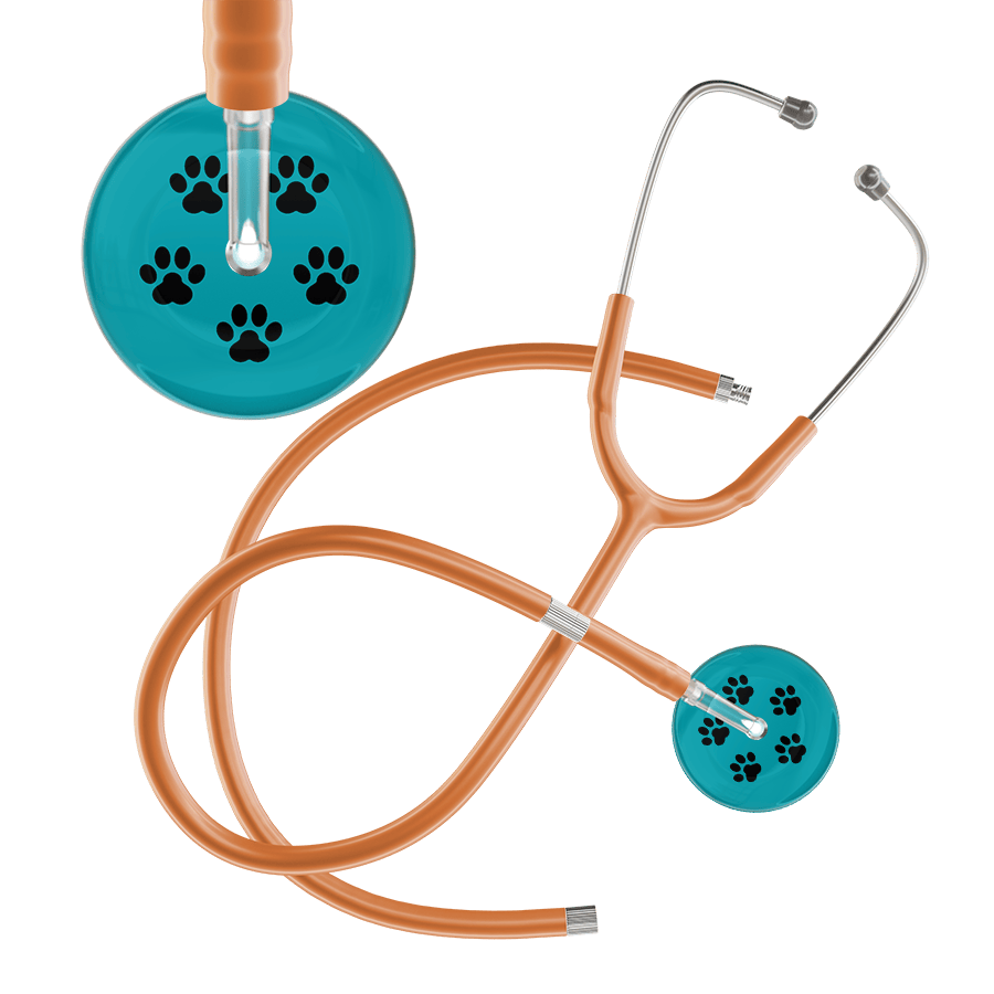 Ultrascope Single Stethoscope Black Paw Teal Background / Adult / Caramel Extended Tubing Black Paw Print Dark Background Stethoscope