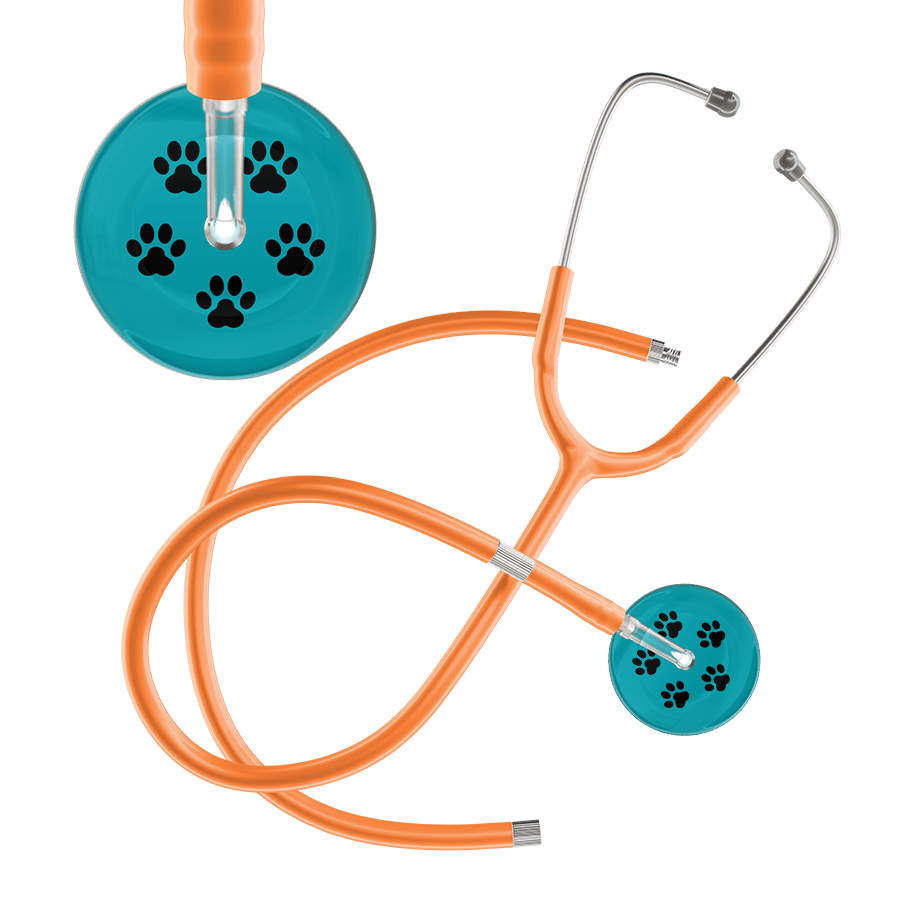 Ultrascope Single Stethoscope Black Paw Teal Background / Adult / Orange Extended Tubing Black Paw Print Dark Background Stethoscope