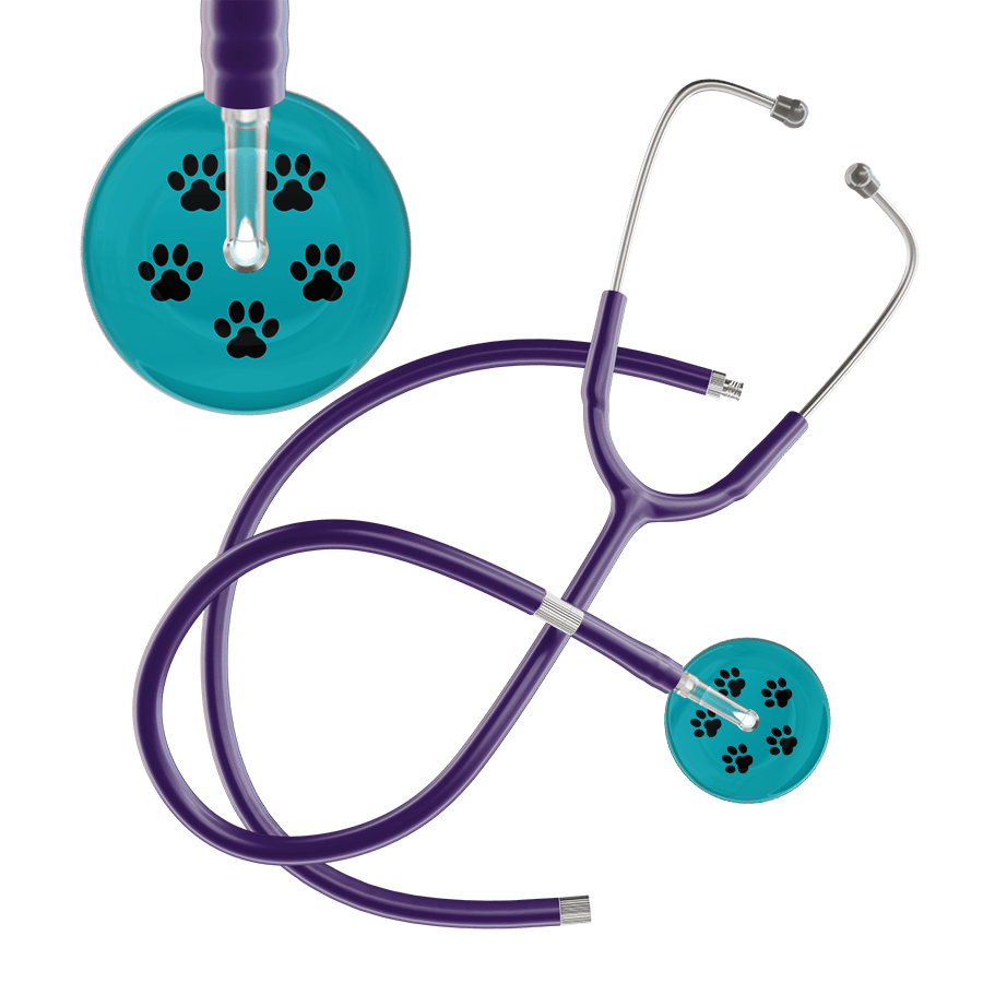 Ultrascope Single Stethoscope Black Paw Teal Background / Adult / Purple Extended Tubing Black Paw Print Dark Background Stethoscope