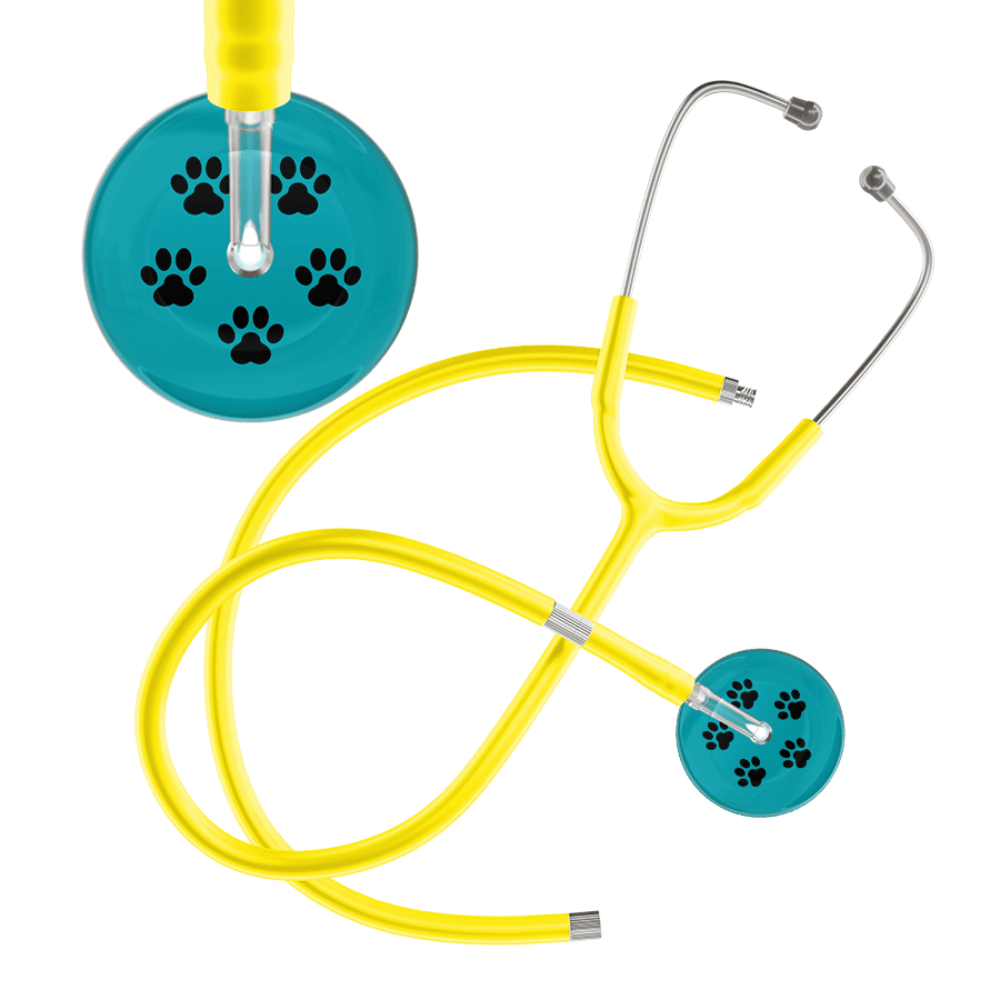 Ultrascope Single Stethoscope Black Paw Teal Background / Adult / Yellow Extended Tubing Black Paw Print Dark Background Stethoscope