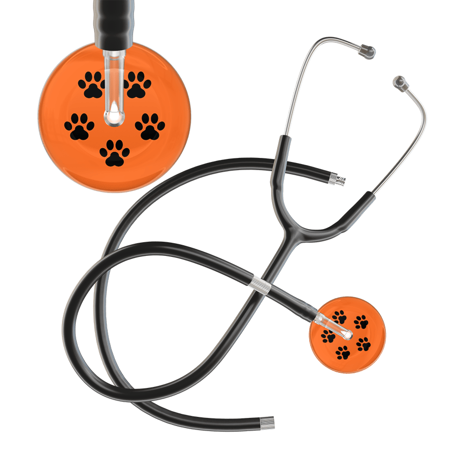 Ultrascope Single Stethoscope Black Paw Tangerine Background / Adult / Black Extended Tubing Black Paw Print Dark Background Stethoscope