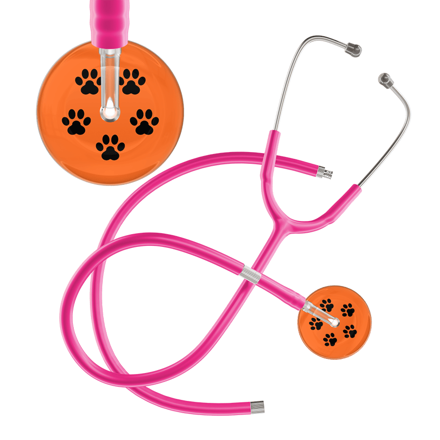 Ultrascope Single Stethoscope Black Paw Tangerine Background / Adult / Hot Pink Extended Tubing Black Paw Print Dark Background Stethoscope
