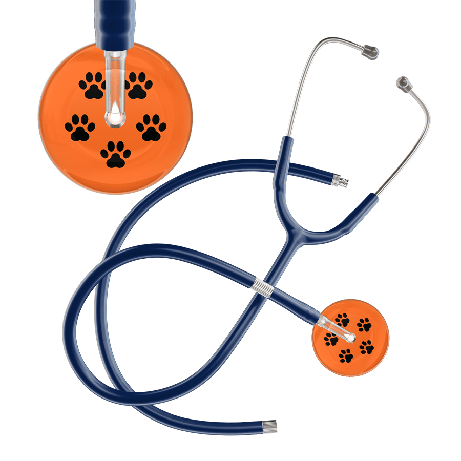 Ultrascope Single Stethoscope Black Paw Tangerine Background / Adult / Navy Extended Tubing Black Paw Print Dark Background Stethoscope