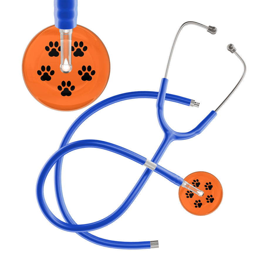 Ultrascope Single Stethoscope Black Paw Tangerine Background / Adult / Royal Blue Extended Tubing Black Paw Print Dark Background Stethoscope