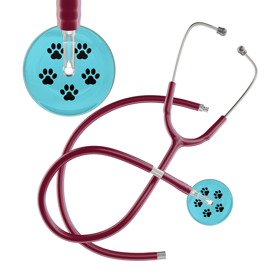 Ultrascope Single Stethoscope Black Paw Turquoise Background / Adult / Burgundy Extended Tubing Black Paw Print Light Background Stethoscope