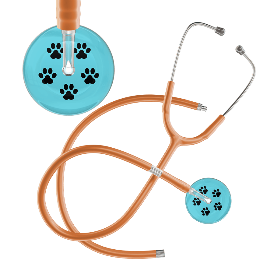 Ultrascope Single Stethoscope Black Paw Turquoise Background / Adult / Caramel Extended Tubing Black Paw Print Light Background Stethoscope