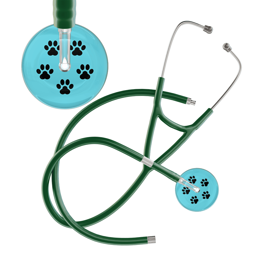 Ultrascope Single Stethoscope Black Paw Turquoise Background / Adult / Dark Green Extended Tubing Black Paw Print Light Background Cardiology Stethoscope