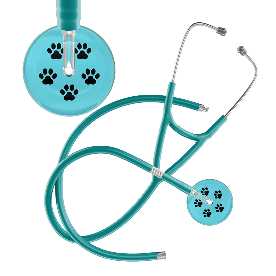 Ultrascope Single Stethoscope Black Paw Turquoise Background / Adult / Jade Extended Tubing Black Paw Print Light Background Cardiology Stethoscope