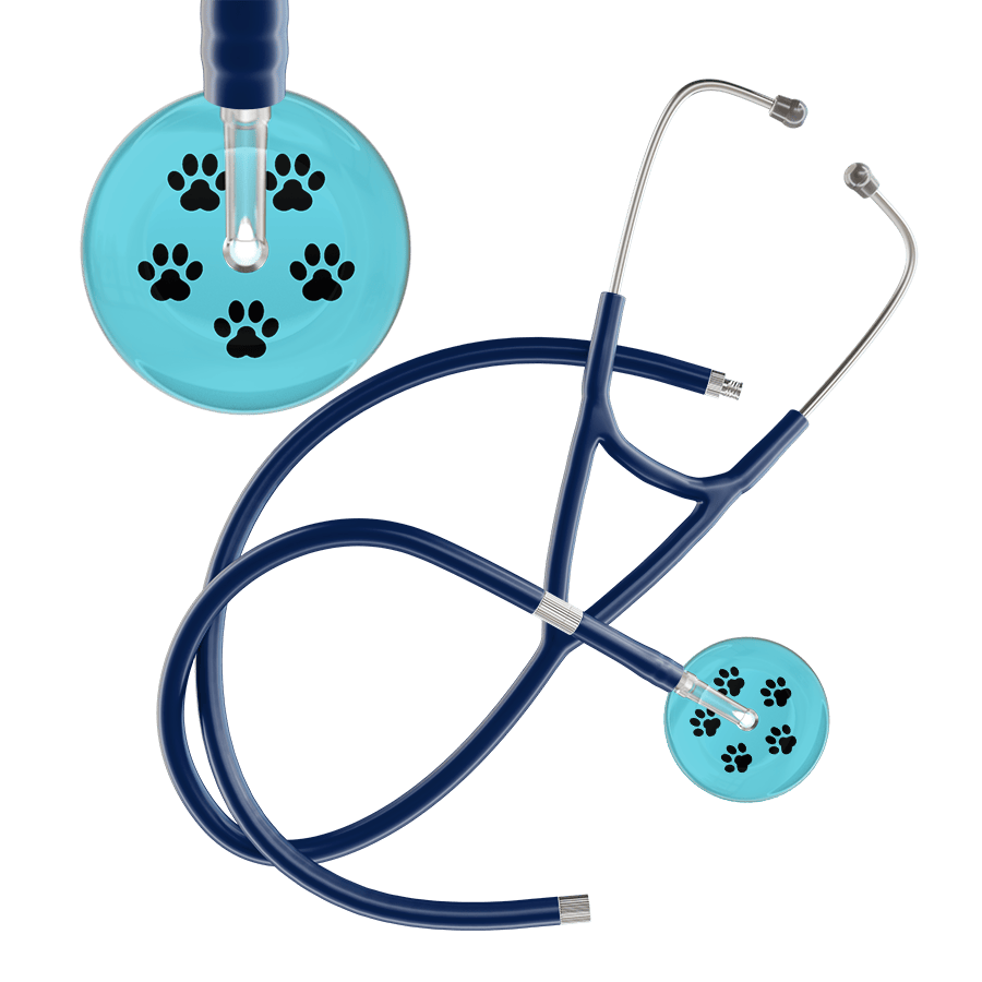 Ultrascope Single Stethoscope Black Paw Turquoise Background / Adult / Navy Extended Tubing Black Paw Print Light Background Cardiology Stethoscope