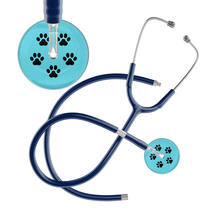 Ultrascope Single Stethoscope Black Paw Turquoise Background / Adult / Navy Extended Tubing Black Paw Print Light Background Stethoscope