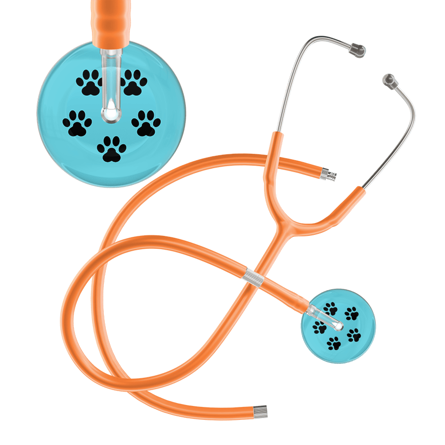 Ultrascope Single Stethoscope Black Paw Turquoise Background / Adult / Orange Extended Tubing Black Paw Print Light Background Stethoscope