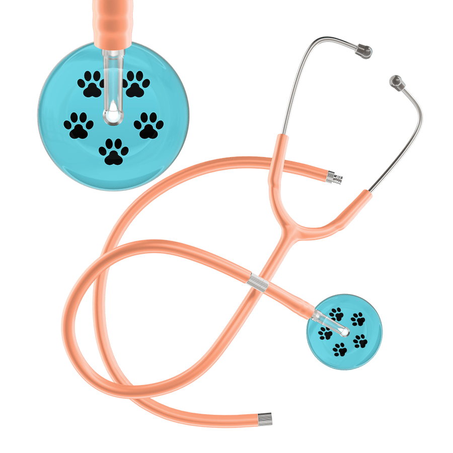Ultrascope Single Stethoscope Black Paw Turquoise Background / Adult / Peach Extended Tubing Black Paw Print Light Background Stethoscope