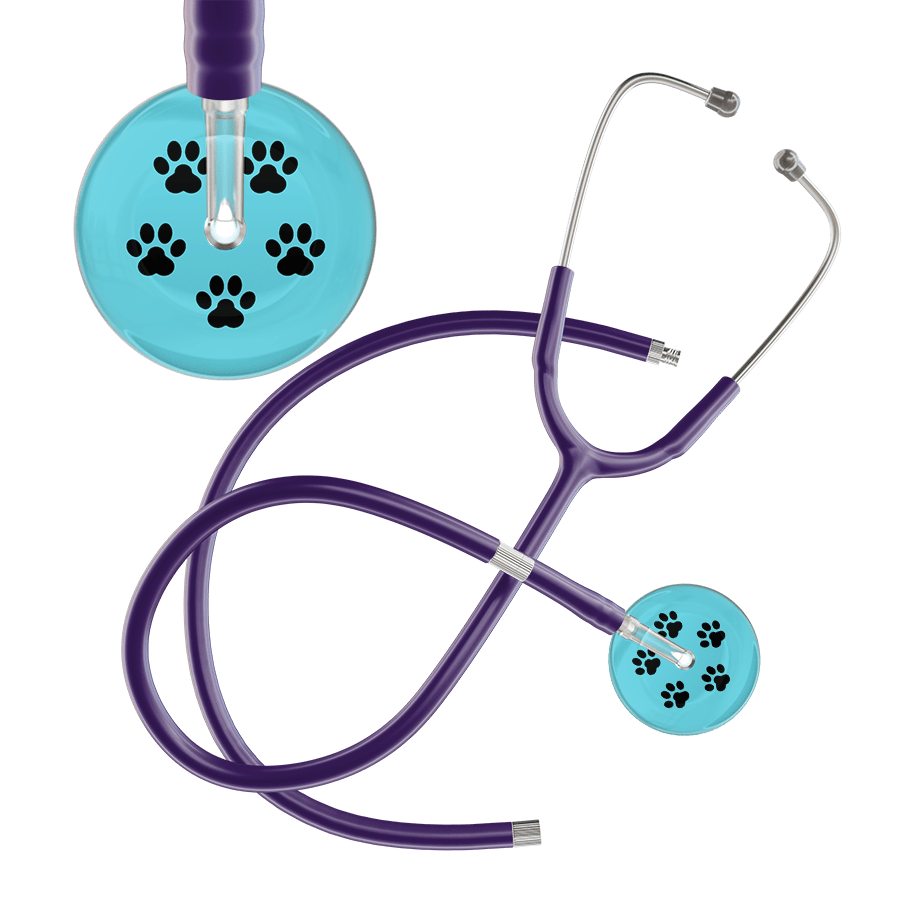 Ultrascope Single Stethoscope Black Paw Turquoise Background / Adult / Purple Extended Tubing Black Paw Print Light Background Stethoscope