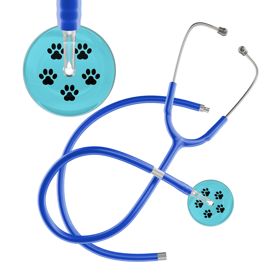 Ultrascope Single Stethoscope Black Paw Turquoise Background / Adult / Royal Blue Extended Tubing Black Paw Print Light Background Stethoscope