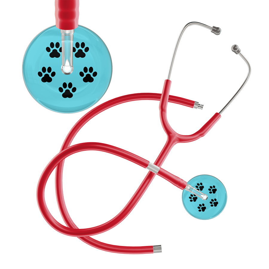 Ultrascope Single Stethoscope Black Paw Turquoise Background / Adult / Red Extended Tubing Black Paw Print Light Background Stethoscope