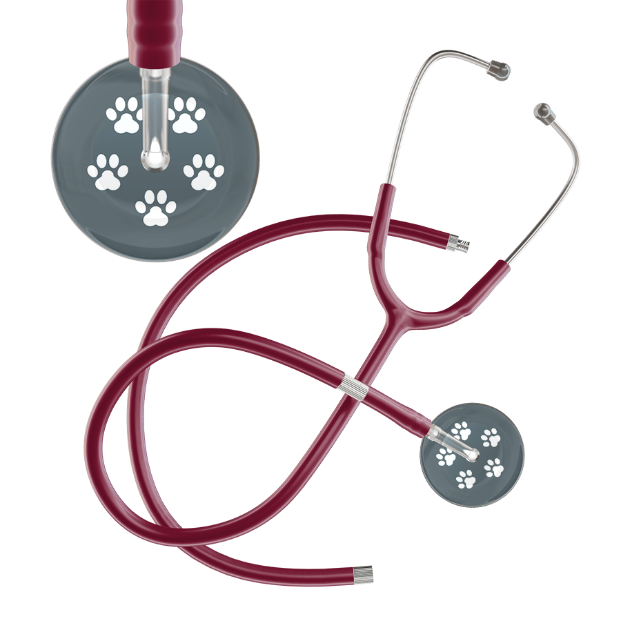 Ultrascope Single Stethoscope White Paw Granite Background / Adult / Burgundy Extended Tubing White Paw Print Dark Background Stethoscope
