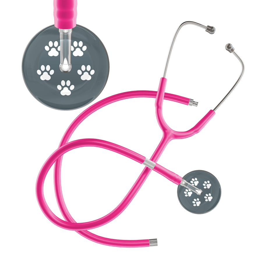 Ultrascope Single Stethoscope White Paw Granite Background / Adult / Hot Pink Extended Tubing White Paw Print Dark Background Stethoscope