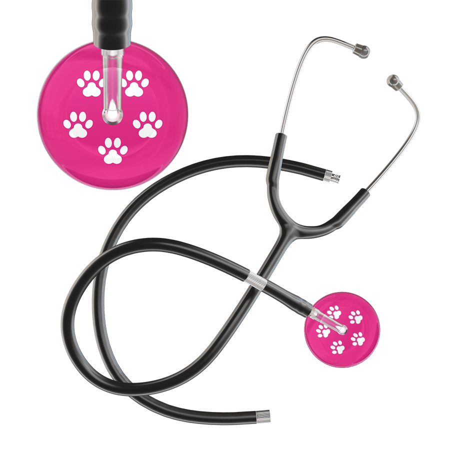 Ultrascope Single Stethoscope White Paw Hot Pink Background / Adult / Black Extended Tubing White Paw Print Light Background Stethoscope