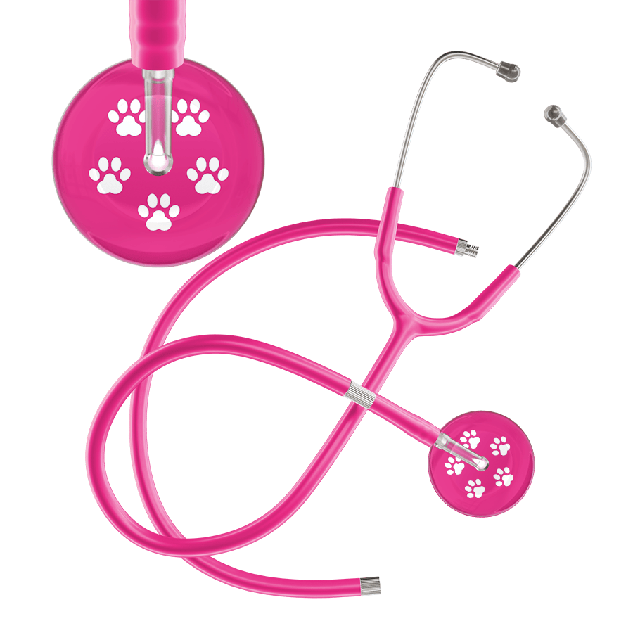 Ultrascope Single Stethoscope White Paw Hot Pink Background / Adult / Hot Pink Extended Tubing White Paw Print Light Background Stethoscope