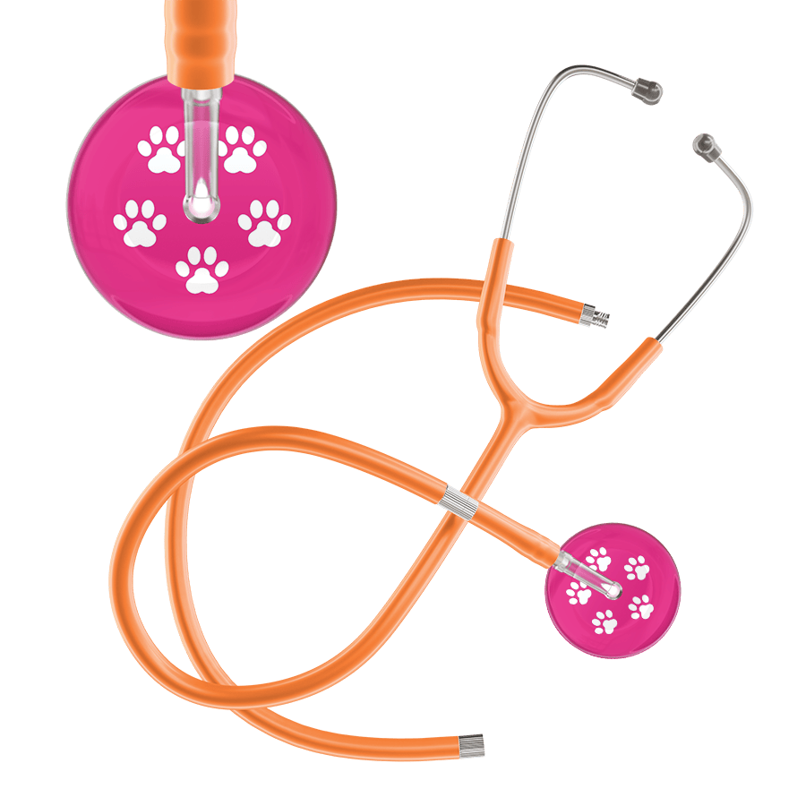 Ultrascope Single Stethoscope White Paw Hot Pink Background / Adult / Orange Extended Tubing White Paw Print Light Background Stethoscope