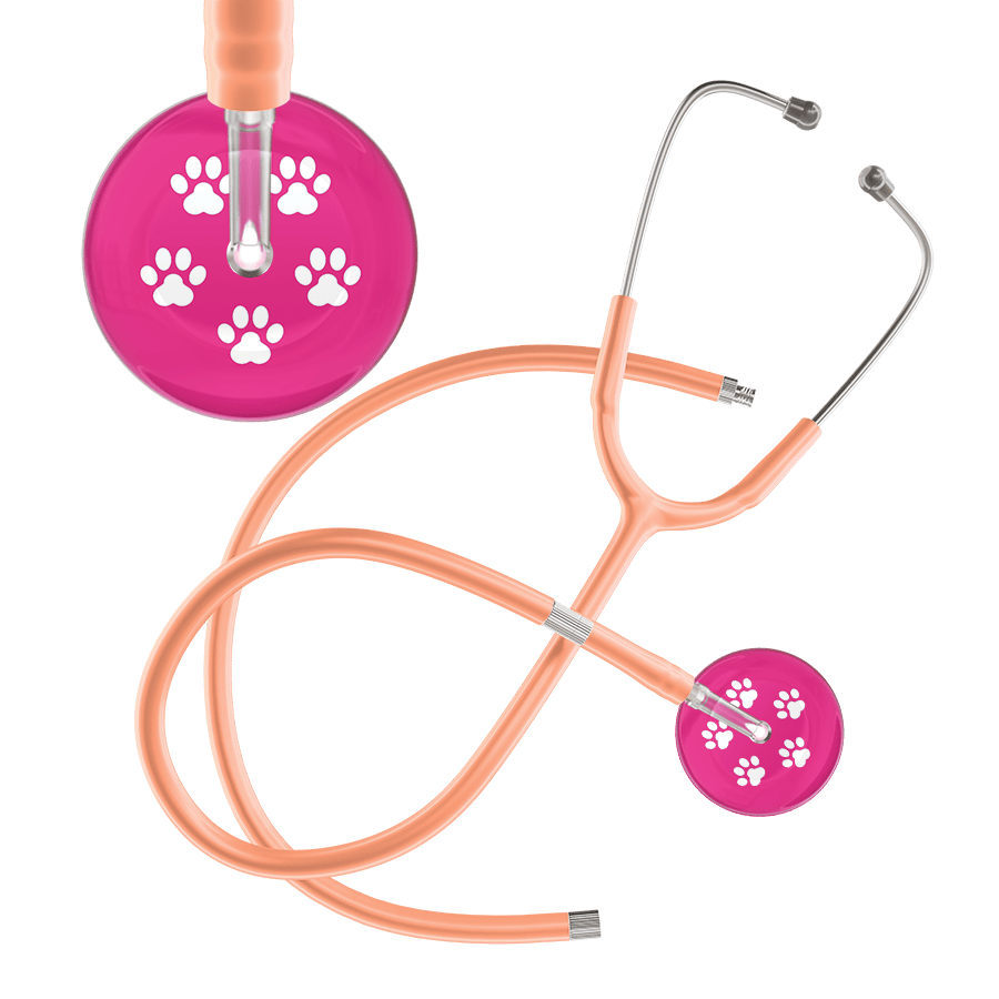 Ultrascope Single Stethoscope White Paw Hot Pink Background / Adult / Peach Extended Tubing White Paw Print Light Background Stethoscope