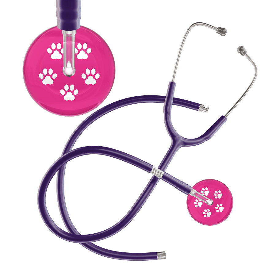 Ultrascope Single Stethoscope White Paw Hot Pink Background / Adult / Purple Extended Tubing White Paw Print Light Background Stethoscope