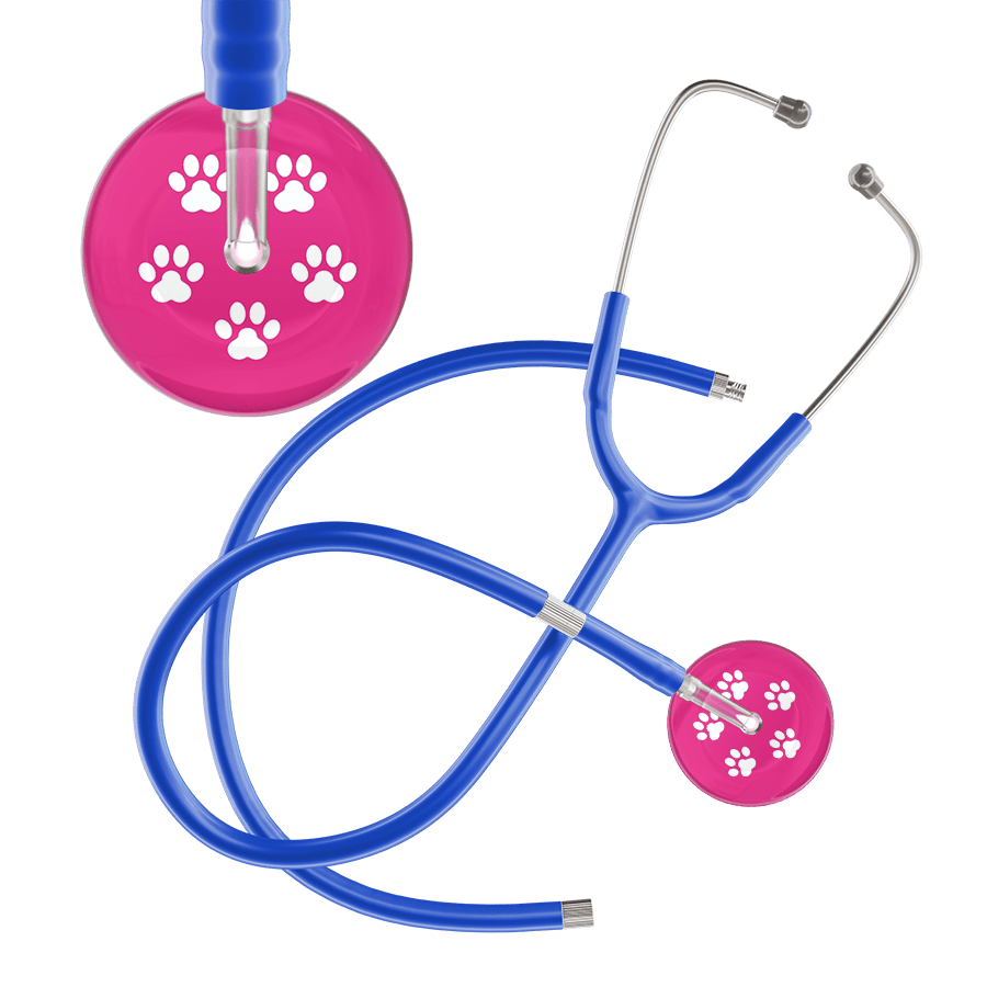 Ultrascope Single Stethoscope White Paw Hot Pink Background / Adult / Royal Blue Extended Tubing White Paw Print Light Background Stethoscope