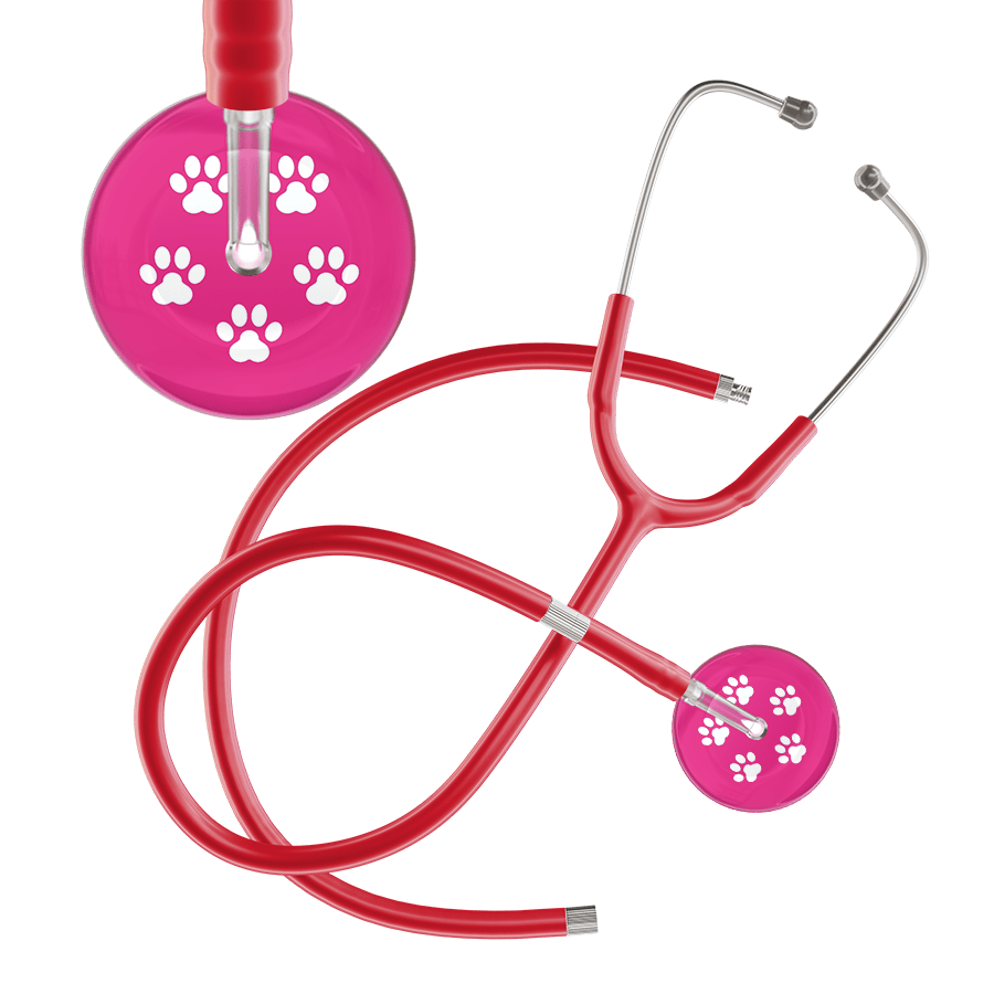 Ultrascope Single Stethoscope White Paw Hot Pink Background / Adult / Red Extended Tubing White Paw Print Light Background Stethoscope